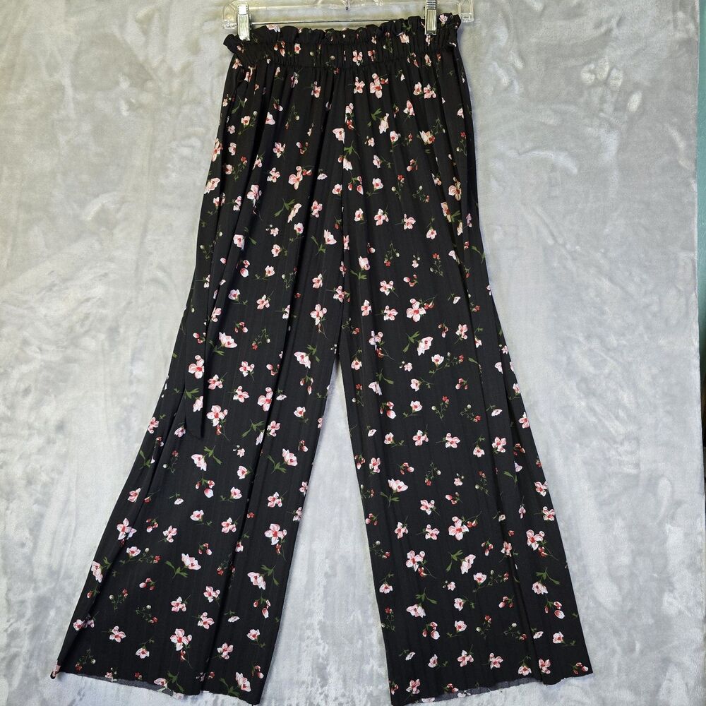 Jon & Anna Pull On Pants Extra Wide Legs Black Pink Flowers Elastic Tie Waist